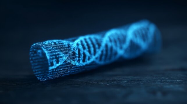 A digital representation of a DNA strand, illuminated in blue, showcasing a blend of technology and biology.