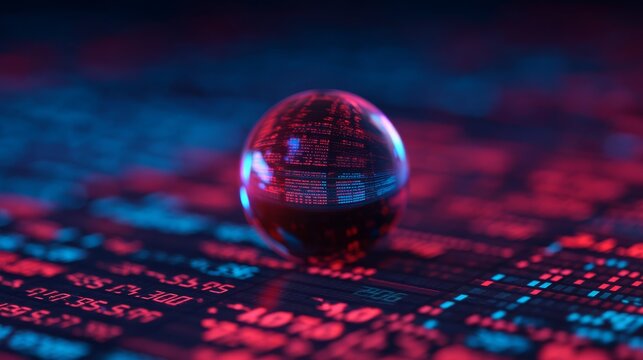 A futuristic digital sphere reflects data on a vibrant, tech-themed background featuring binary code and glowing elements, symbolizing technology and innovation.