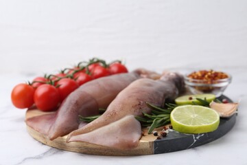 Fresh raw squids, tomatoes, lime slices and spices on white marble table, closeup