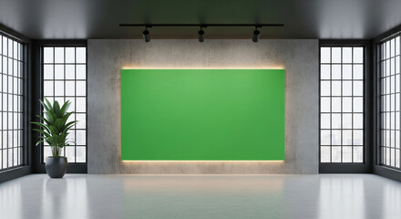Modern Empty Gallery with Green Screen Mockup for Virtual Display 3D Render