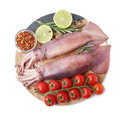 Fresh raw squids, tomatoes, lime slices and spices isolated on white, top view