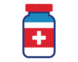 Fototapeta premium Medical pills bottle icon with red and blue design and cross symbol