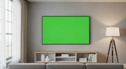 Modern Living Room Green Screen TV Mockup 3D Render for Advertising