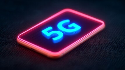 A smartphone displays a vibrant "5G" notification in neon colors, highlighting advanced wireless technology on a textured surface.