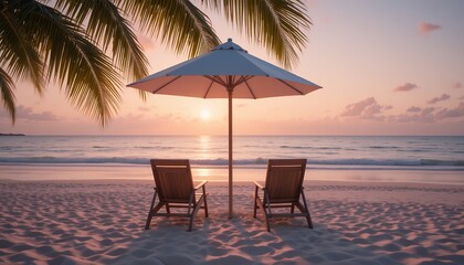 Obraz premium Relaxing sunset on a serene tropical beach with empty chairs and umbrella near calm ocean