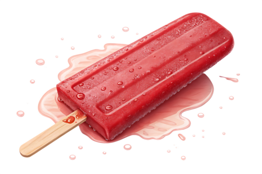 A melting red popsicle with droplets on a dark background isolated on white background isolated on transparent background