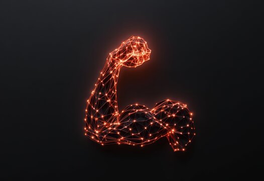 Futuristic glowing digital illustration of muscular arm strength symbol in dark background