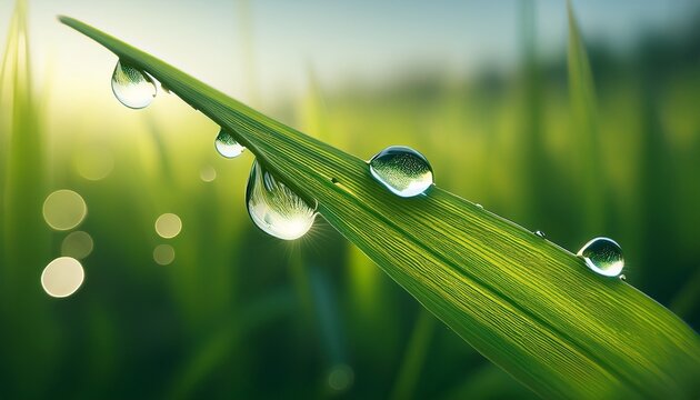 Water Droplets On A Blade Of Grass With A Blurred Background