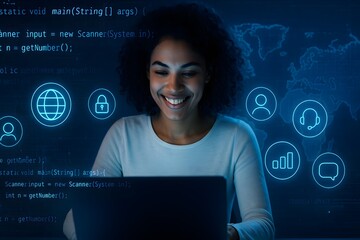 Modern Remote Work Portrait with Technology HUD Elements