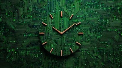 A green circuit board features a clock with copper hands, symbolizing the intersection of technology and time.