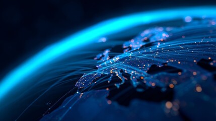 A futuristic view of Earth depicting glowing networks and connections, representing digital communication and global connectivity.