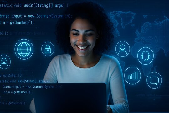 Modern Remote Work Portrait with Technology HUD Elements