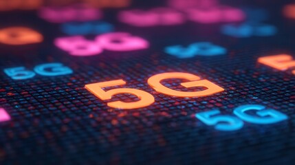 A vibrant digital display illustrating the concept of 5G technology, featuring colorful numerals and an energetic, modern aesthetic.