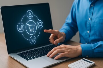 Online shopping concept with businessman using laptop showing ecommerce ecosystem icons
