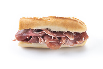 Traditional Spanish Serrano Ham Sandwich isolated on white background