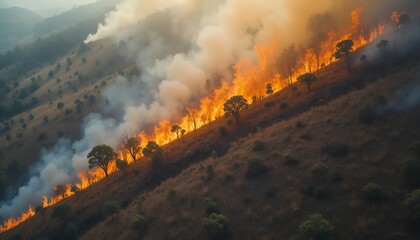 Wildfire blazing through hillside vegetation creating thick smoke and glowing flames along the