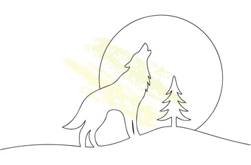 A single line drawing a wolf howling at a textured yellow moon with a pine tree vector