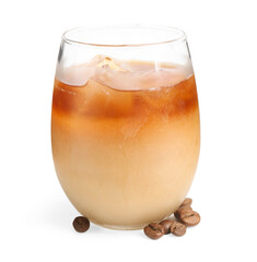 Tasty iced coffee in glass and beans isolated on white