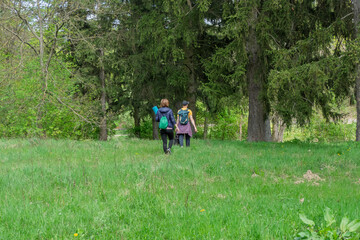 Fototapeta premium Two people with backpacks and a yoga mat walk through a vibrant green meadow towards a dense forest. A peaceful outdoor adventure, embodying health, wellness, and nature exploration.