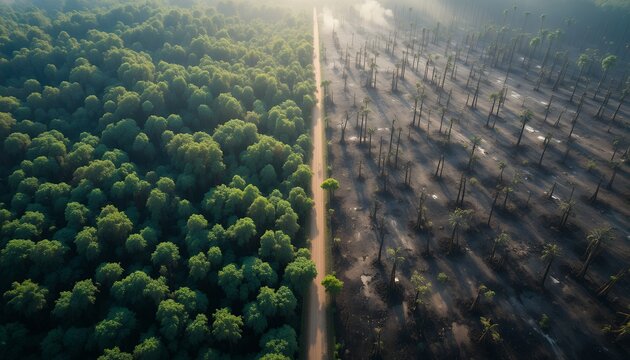 A striking aerial view showing a dense forest sharply contrasting with a barren area affected by - Powered by Adobe