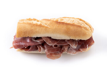 Traditional Spanish Serrano Ham Sandwich isolated on white background