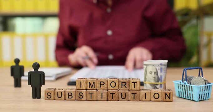 Exploring the concept of import substitution in a creative workspace with engaging visuals and tangible elements