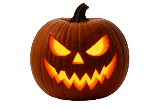 Frightening jack-o-lantern carved pumpkin with jagged teeth and sinister triangular eyes illuminated by a glowing orange light for a terrifying halloween display isolated on transparent background