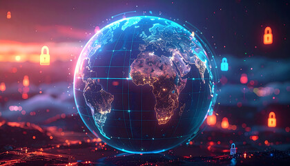 Glowing digital Earth globe with intricate network connections and floating cybersecurity padlocks against a dark, futuristic background.