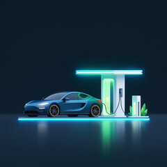 A futuristic EV charging station with glowing blue and green lights symbolizes clean energy and eco-technology. This showcases renewable energy, sustainable transportation, and technology concepts.