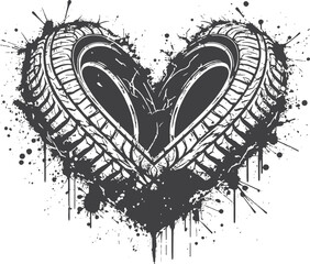 Obraz premium A striking black-and-white tire heart graffiti piece with splatter accents, blending street art energy and bold graphic lines. Ideal for edgy branding, automotive