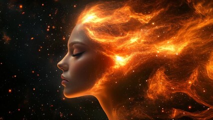 Surreal fantasy portrait of a woman with peaceful face, flowing hair turns into fiery flames merging with cosmic space, imagination, energy, creativity, burning passion, powerful emotional expression. - Powered by Adobe