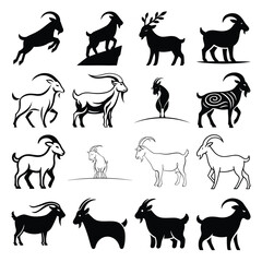 Goat silhouette vector collection, goat logo set, farm animal illustration icons