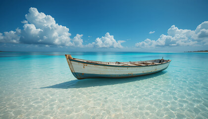 solitary white boat floating on crystal clear calm turquoise tropical sea under blue sky with