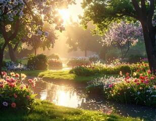 朝の光に包まれた花と水辺のガーデン