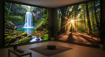 Two large screens displaying a waterfall and forest in a room with a rug and small table