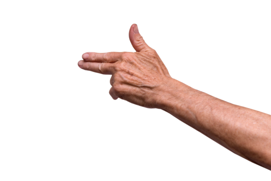 Male hand with index and middle finger pointing to something. PNG isolated on transparent background