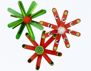 Three Christmas ornaments made from popsicle sticks using buttons, pom-poms and sequence