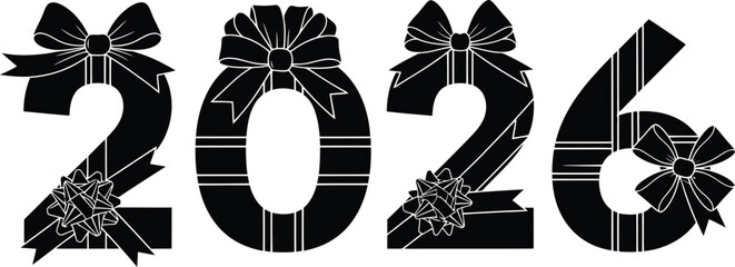 Bold black silhouette gift box with ribbons and bows for 2026