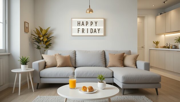 Cozy modern living room with neutral tones soft cushions and natural greenery creating a relaxing