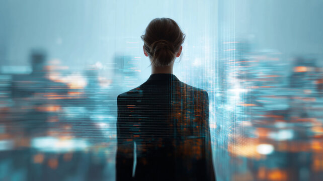 A confident businesswoman gazes at a vibrant digital world amid city lights Generative AI - Powered by Adobe