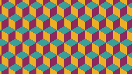 A colorful isometric pattern of cubes in yellow purple and teal creating an optical illusion effect
