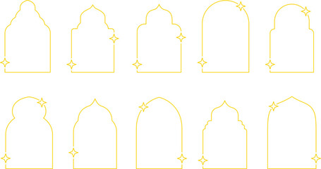 Frame with stars set border, gold frame with sparkle stars, arches border icon, festive effect decoration sign, trendy geometric template. New year christmas background 2026. Vector or PNG