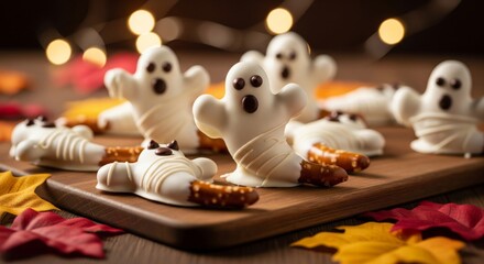 Obraz premium Ghost Shaped White Chocolate Candy on a Wooden Board with Autumn Leaves