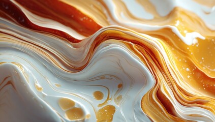 Marbled waves of orange and white abstract, glossy