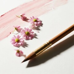 Paintbrush and pink flowers on white surface