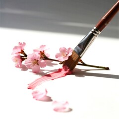 Paintbrush touching pink blossoms on white