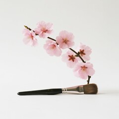 Cherry blossoms and paintbrush on white