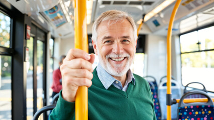 A smiling senior man Riding on Public Transportation Bus