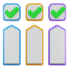Three 3D checkmarks with green tick symbols above three blank infographic elements in blue orange and purple color borders with a transparent background
