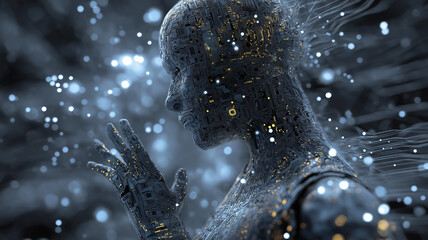 A humanoid figure of circuits and lights reaches out in a dynamic digital universe Generative AI
